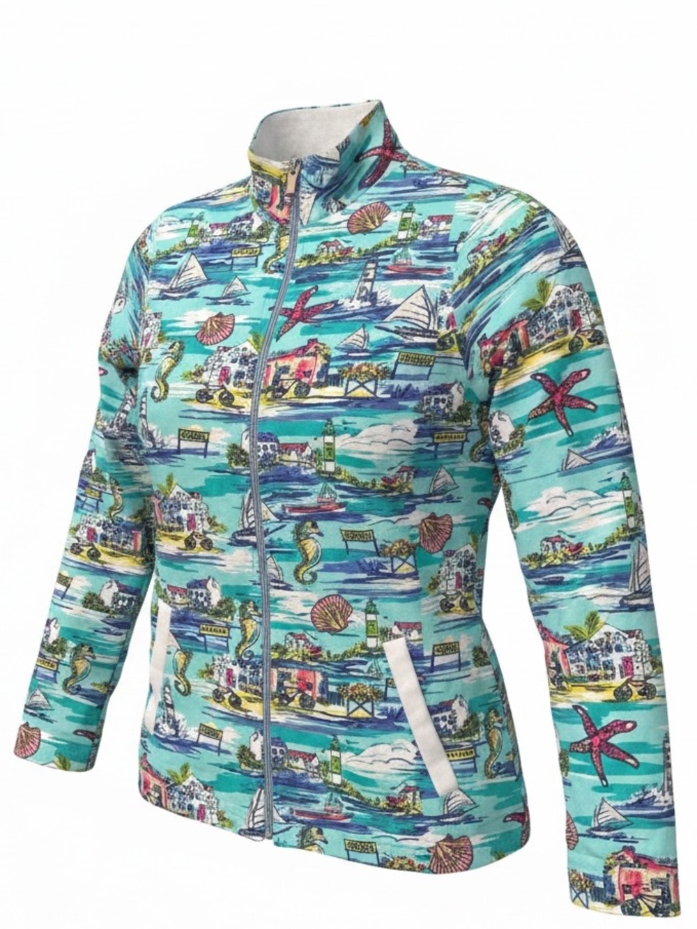 Zip Up Jacket Beach New England Motif Nantucket/Martha Vintage Aqua NWOT